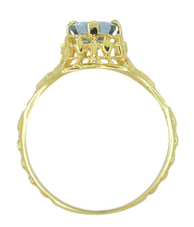 18 Karat Yellow Gold Art Deco Emerald Cut Aquamarine Filigree Engagement Ring - Item: R617 - Image: 4