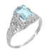 Art Deco Emerald Cut Aquamarine Filigree Engagement Ring in 18 Karat White Gold