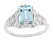 Art Deco Emerald Cut Aquamarine Filigree Engagement Ring in 18 Karat White Gold