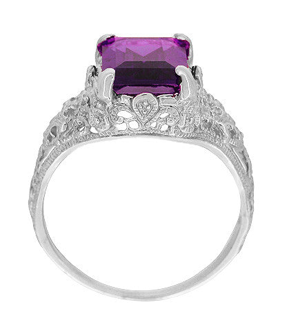 Edwardian Vintage Reissue Filigree Emerald Cut Amethyst Statement Ring in 14 Karat White Gold - Item: R618AM - Image: 3