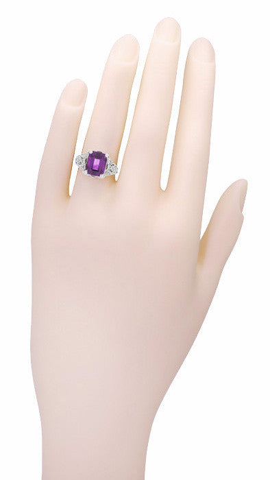 Edwardian Vintage Reissue Filigree Emerald Cut Amethyst Statement Ring in 14 Karat White Gold - Item: R618AM - Image: 5