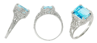 Edwardian Filigree Emerald Cut Swiss Blue Topaz Ring in 14 Karat White Gold - alternate view