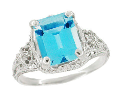 Edwardian Filigree Vintage Swiss Blue Topaz Ring in White Gold - 8x10mm Stone 
