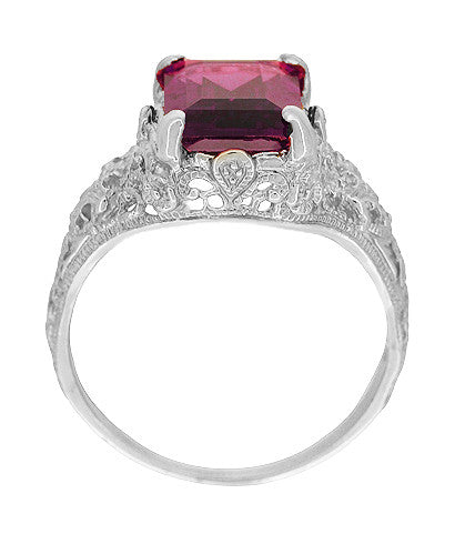Filigree Emerald Cut Rhodolite Garnet Edwardian Engagement Ring in 14 Karat White Gold - Item: R618G - Image: 3