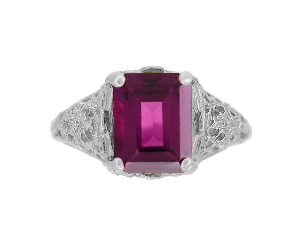 Filigree Emerald Cut Rhodolite Garnet Edwardian Engagement Ring in 14 Karat White Gold - Item: R618G - Image: 4