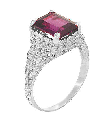 Filigree Emerald Cut Rhodolite Garnet Edwardian Engagement Ring in 14 Karat White Gold - alternate view