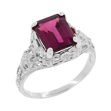 Filigree Emerald Cut Rhodolite Garnet Edwardian Engagement Ring in 14 Karat White Gold