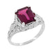 Filigree Emerald Cut Rhodolite Garnet Edwardian Engagement Ring in 14 Karat White Gold