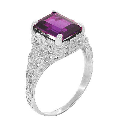 Edwardian Filigree Emerald Cut Amethyst Engagement Ring in Platinum - alternate view