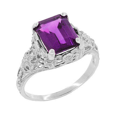 Edwardian Filigree Emerald Cut Amethyst Engagement Ring in Platinum