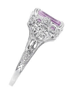 Edwardian Filigree Emerald Cut Rose de France Ring in 14 Karat White Gold - Item: R618RF - Image: 3