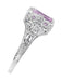 Edwardian Filigree Emerald Cut Rose de France Ring in 14 Karat White Gold