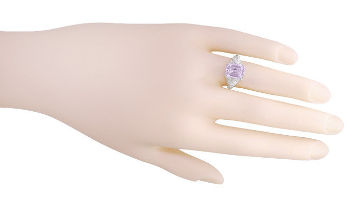 Edwardian Filigree Emerald Cut Rose de France Ring in 14 Karat White Gold - Item: R618RF - Image: 5