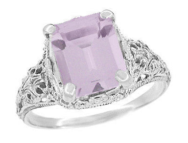 Edwardian Filigree Emerald Cut Rose de France Ring in 14 Karat White Gold