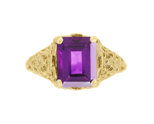 Yellow Gold Edwardian Filigree Emerald Cut Amethyst Engagement Ring - Item: R618YAM - Image: 4