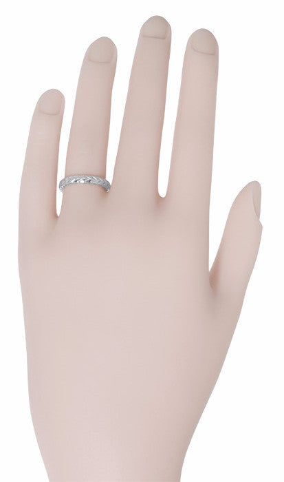 Art Deco 3mm Chevron Carved Sculptural Wheat Pattern Wedding Band in White Gold - Item: R622W10 - Image: 3