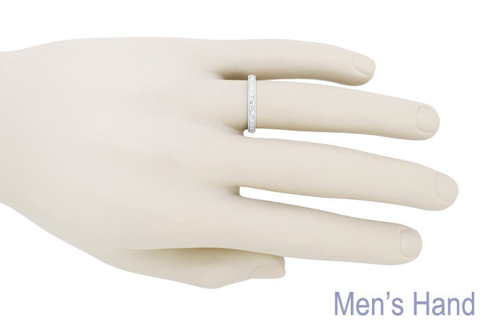 Art Deco Flowers and Leaves Millgrain Edge Engraved Wedding Band in White Gold - 3mm Wide - Item: R625W10 - Image: 4