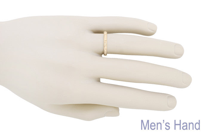 Art Deco Flowers and Leaves Millgrain Edge Carved Wedding Band in 14 Karat Rose ( Pink ) Gold - Item: R625R - Image: 4