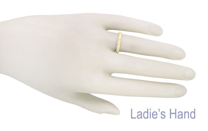 Yellow Gold Art Deco Leaves and Flowers Millgrain Edge Engraved Wedding Band - 3mm Width - Item: R625Y10-7 - Image: 3