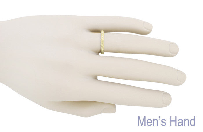 Yellow Gold Art Deco Leaves and Flowers Millgrain Edge Engraved Wedding Band - 3mm Width - Item: R625Y10-7 - Image: 4