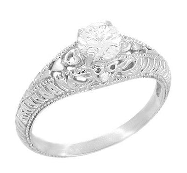 Art Deco Hearts and Diamonds Domed Filigree Engagement Ring in White Gold