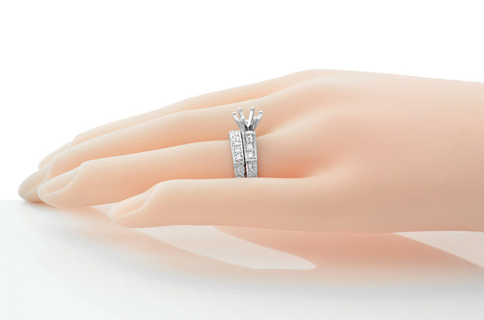 Art Deco Engraved Scrolls 1 Carat Round Diamond Engagement Ring Setting and Wedding Ring Bridal Set in White Gold - Item: R628W14-LC - Image: 3