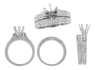 Art Deco Engraved Scrolls 1 Carat Round Diamond Engagement Ring Setting and Wedding Ring Bridal Set in White Gold - alternate view