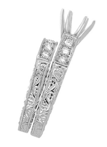 Art Deco Engraved Antique Scrolls Round 1 Carat Diamond Engagement Ring Setting and Wedding Ring in Platinum - Item: R628P-LC - Image: 4