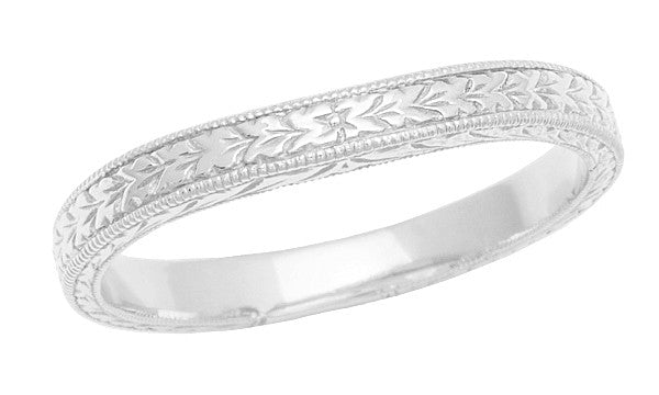 Art Deco Curved Engraved Wheat Wedding Band in White Gold