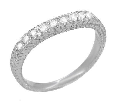 Platinum Art Deco Curved Engraved Wheat Diamond Wedding Band - Item: R635PD-LC - Image: 2
