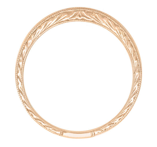 Curved Engraved Wheat Art Deco Wedding Band in 14 Karat Pink ( Rose ) Gold - Item: R635R - Image: 2