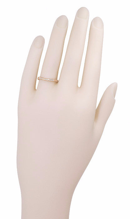 Art Deco Curved Engraved Wheat Diamond Wedding Band in 14 Karat Pink ( Rose ) Gold - Item: R635RD-LC - Image: 5