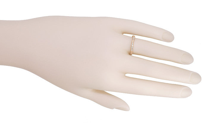 Art Deco White Sapphire Engraved Curved Wheat Engraved Wedding Band in 14 Karat Rose ( Pink ) Gold - Item: R635RWS - Image: 5
