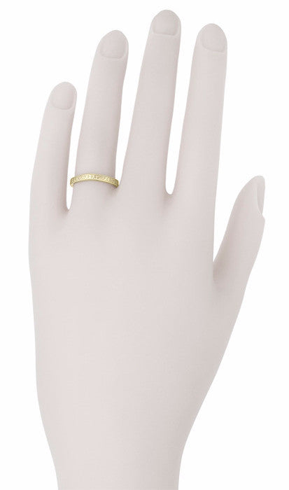 Art Deco Yellow Gold Curved Engraved Wheat Wedding Band with Milgrain Edges - Item: R635Y10 - Image: 3
