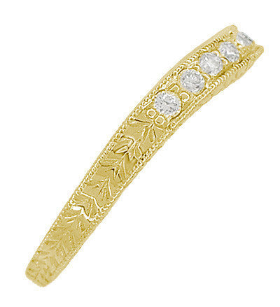 Art Deco Curved Engraved Wheat Diamond Wedding Band in Yellow Gold - Item: R635Y14D-LC - Image: 4