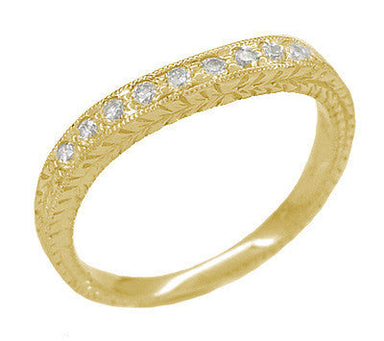 Art Deco Curved Engraved Wheat Diamond Wedding Band in Yellow Gold - alternate view