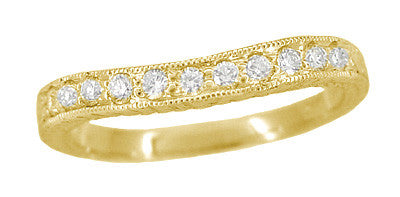 Art Deco Wheat White Sapphire Curved Wedding Band in 18 Karat Yellow Gold