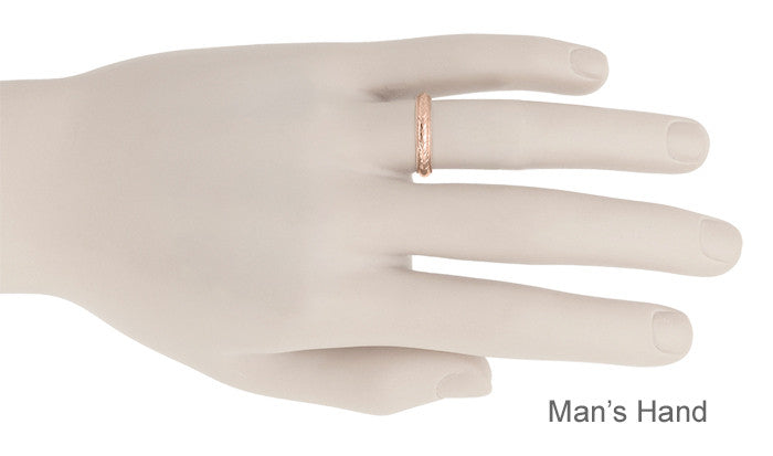 Art Deco Hand Engraved Wheat Wedding Ring in 14 Karat Rose Gold with Millgrain Edge - 4mm Wide - Item: R636R - Image: 5
