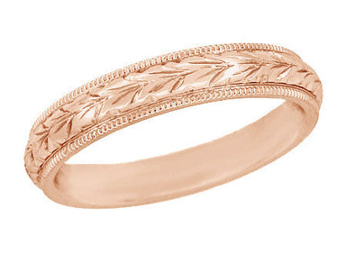 Art Deco Hand Engraved Wheat Wedding Ring in 14 Karat Rose Gold with Millgrain Edge - 4mm Wide