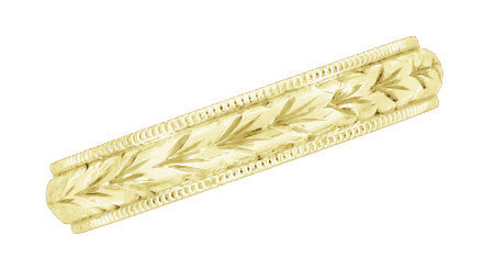 Art Deco Yellow Gold Millgrain Edged Hand Engraved Wheat Wedding Ring - 4mm Wide - Item: R636Y - Image: 3