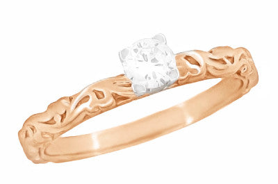 Art Deco Rose Gold Diamond Solitaire Engagement Ring with Sculptural Carved Scrolls Band