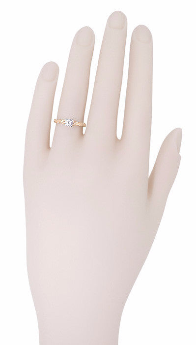 Art Deco 14 Karat Rose Gold Sculptural Scrolls White Sapphire Solitaire Engagement Ring - Item: R639RWS - Image: 6