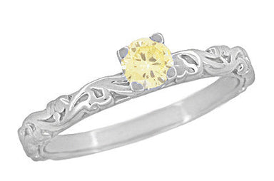 Art Deco Scrolls Fancy Yellow Diamond Engagement Ring in 14 Karat White Gold