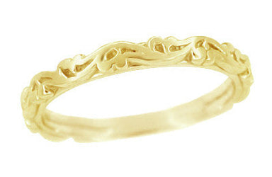 Yellow Gold Vintage Scroll Carved Stackable Wedding Band - R639Y