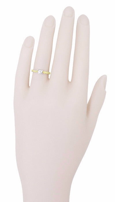 14 Karat Yellow Gold Art Deco Carved Scrolls Solitaire Diamond Engagement Ring - Item: R639YD-LC - Image: 6
