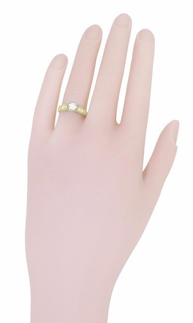 Yellow Gold Scroll Swirl Filigree 1920's Art Deco Vintage Style Diamond Engagement Ring - Item: R643Y50-LC - Image: 6