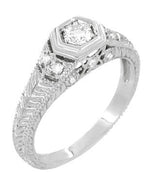 Filigree Engraved Hexagon Art Deco 1/4 Carat Diamond Engagement Ring in White Gold | Low Profile Engagement