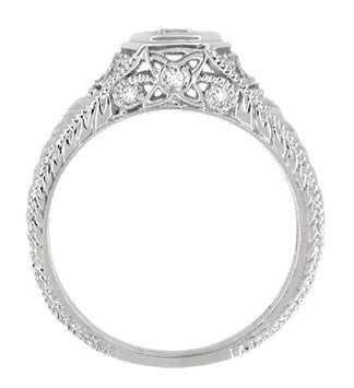 Filigree Engraved Hexagon Art Deco 1/4 Carat Diamond Engagement Ring in White Gold | Low Profile Engagement - Item: R646W10-LC - Image: 4