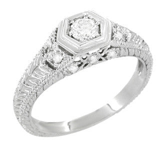 Filigree Engraved Hexagon Art Deco 1/4 Carat Diamond Engagement Ring in White Gold | Low Profile Engagement - Item: R646W10-LC - Image: 3