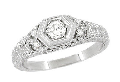 Filigree Engraved Hexagon Art Deco 1/4 Carat Diamond Engagement Ring in White Gold | Low Profile Engagement - alternate view